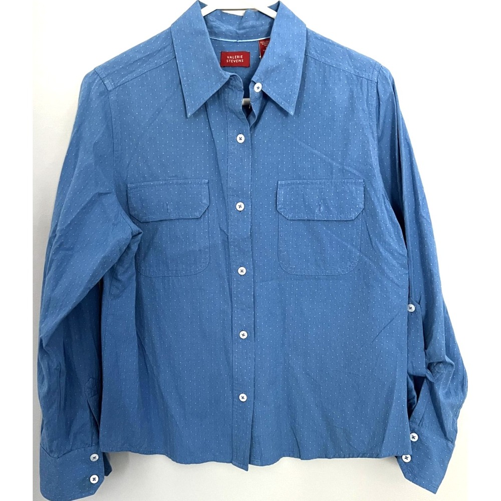 Valerie Stevens Shirt Womens M Blue Swiss Dot Button Front Long Sleeve Pockets